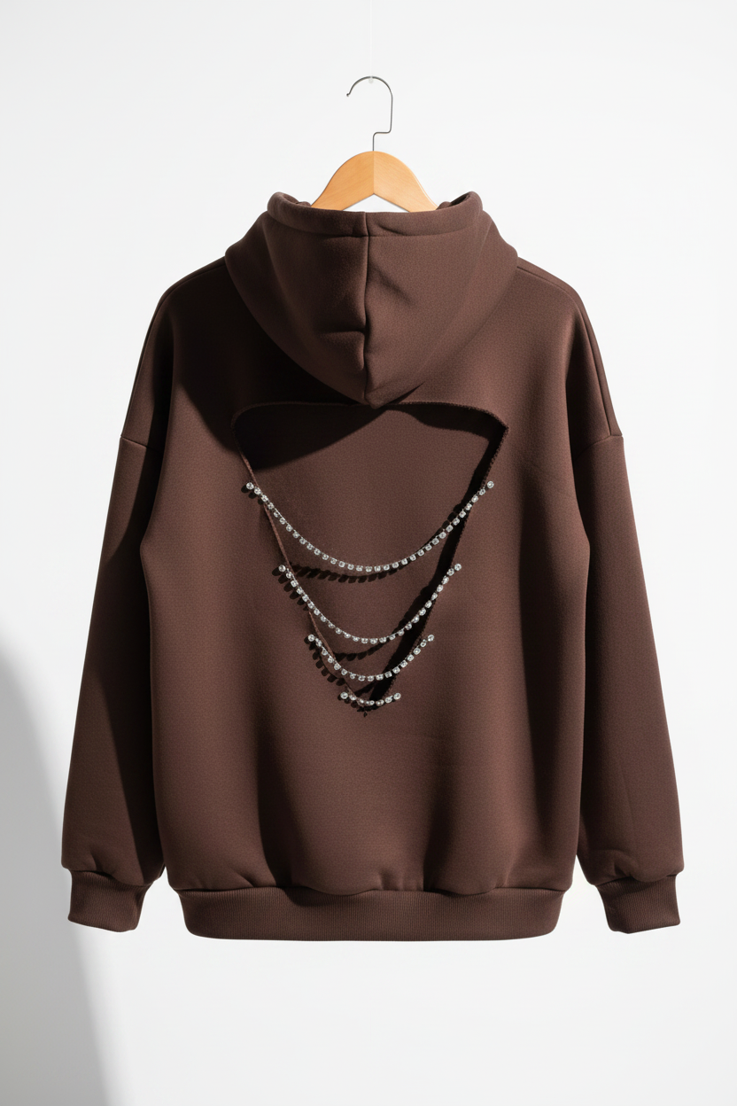 Midnight Muse: Kristal Kalp Dekolteli Kahve Hoodie
