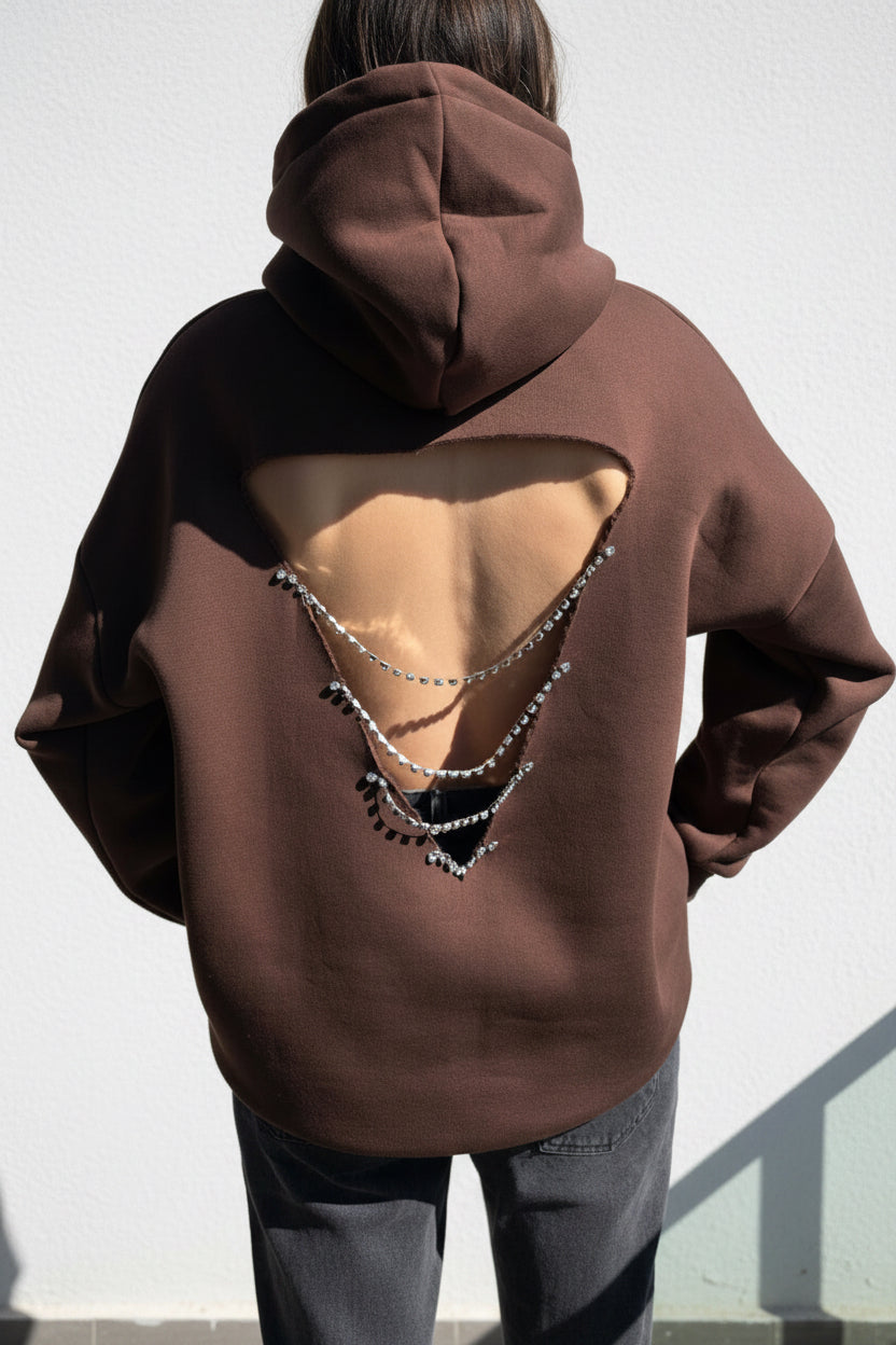Midnight Muse: Kristal Kalp Dekolteli Kahve Hoodie