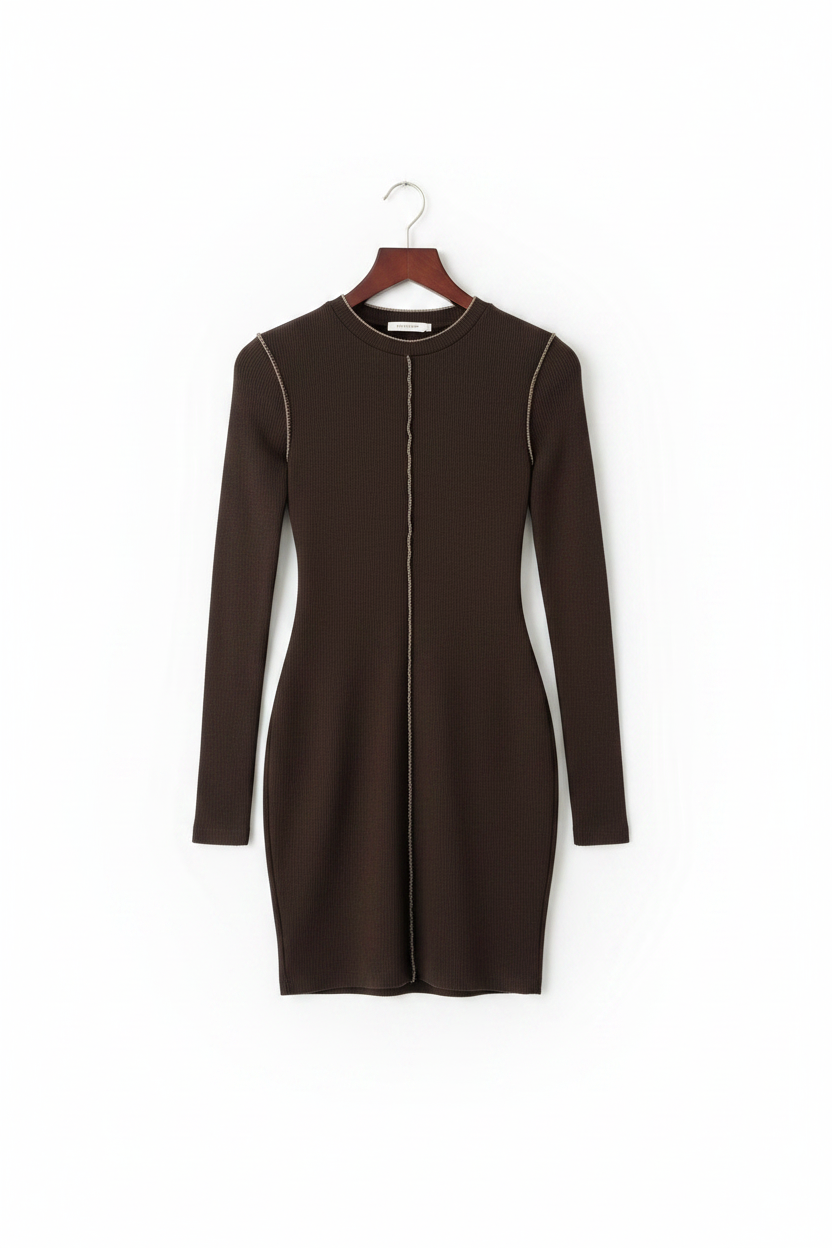 Uzun Kollu Dikiş Detaylı Kahverengi Kaşkorse Mini Elbise
