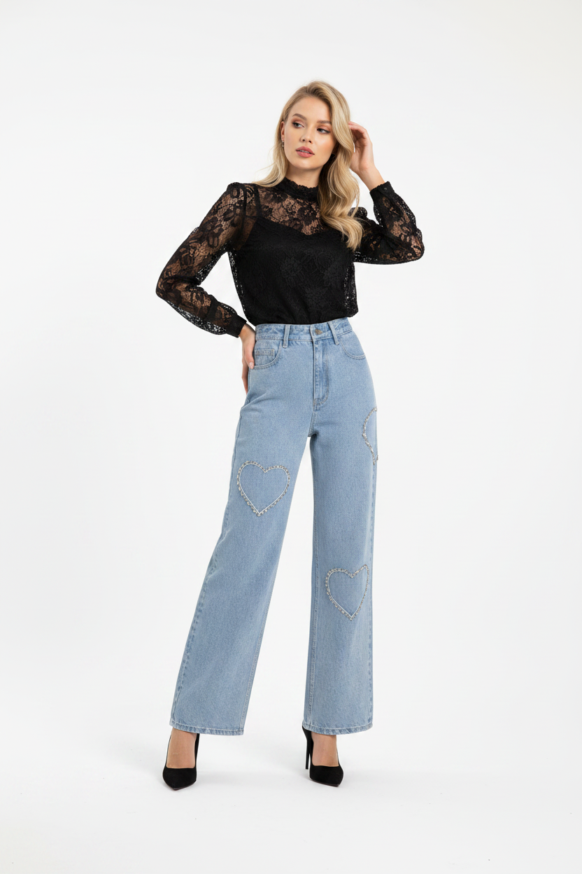 Crystal Love: Kalp Kristal İşlemeli Wide-Leg Jean