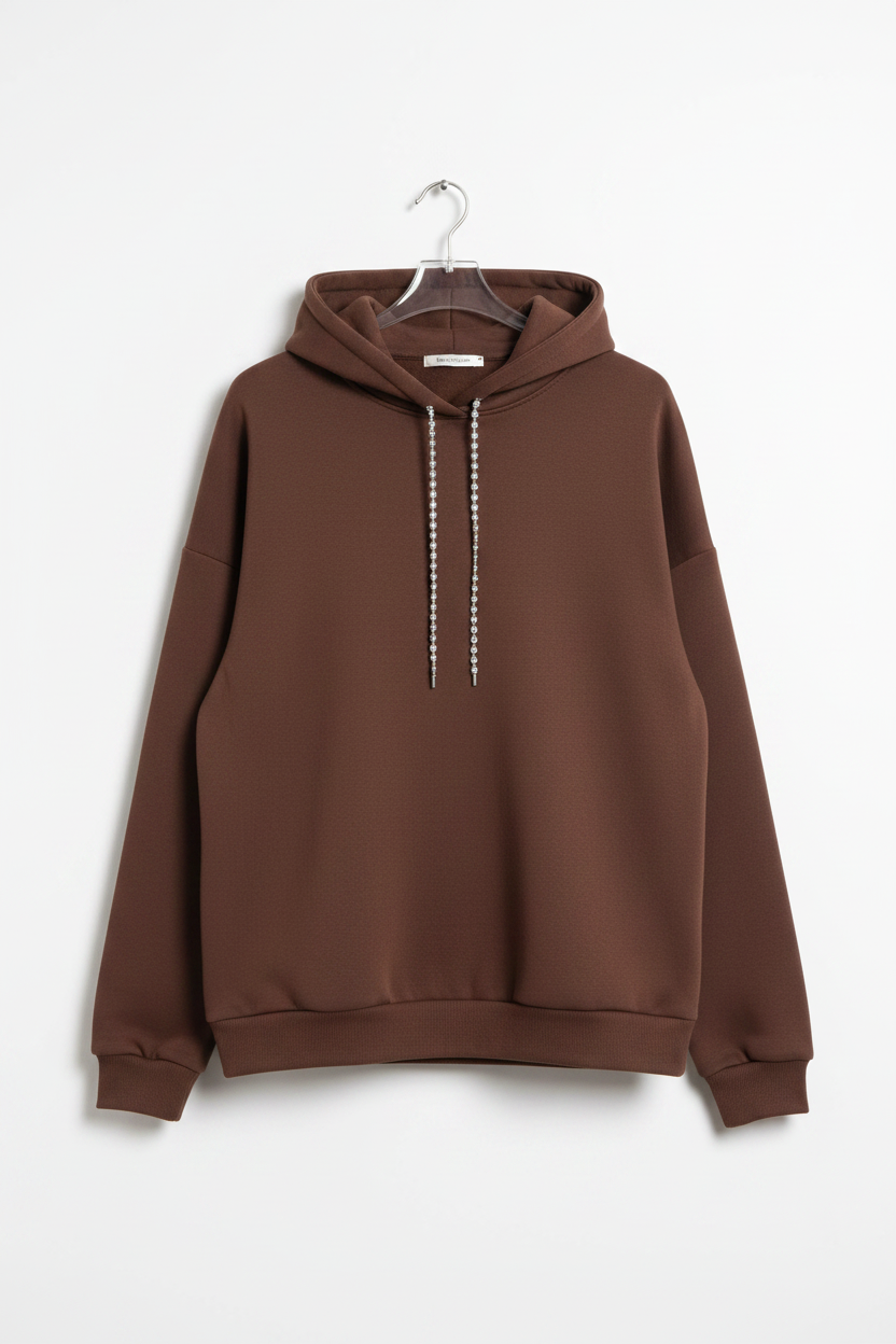 Midnight Muse: Kristal Kalp Dekolteli Kahve Hoodie