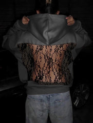 Lace Romance: Sırtı Fransız Dantel Dekolteli Oversize Antrasit Hoodie