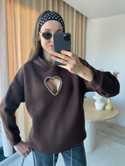 Kalp Şeklinde Kristal Taşlı Göğüs Dekolteli Kahverengi Hoodie / Kapüşonlu Üst