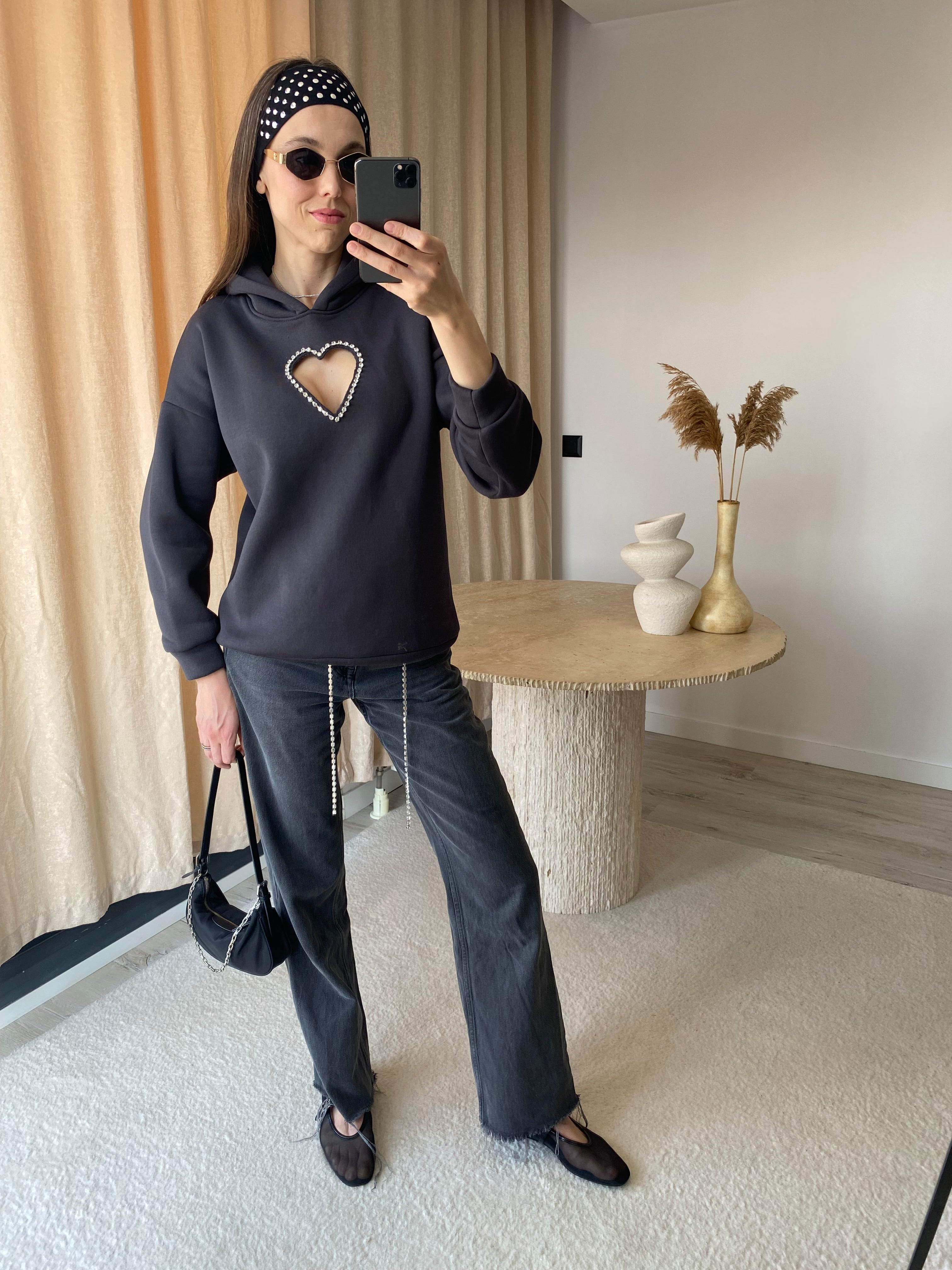 Kalp Şeklinde Kristal Taşlı Göğüs Dekolteli Antrasit Hoodie / Kapüşonlu Üst