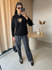 Kalp Şeklinde Kristal Taşlı Göğüs Dekolteli Siyah Hoodie / Kapüşonlu Üst