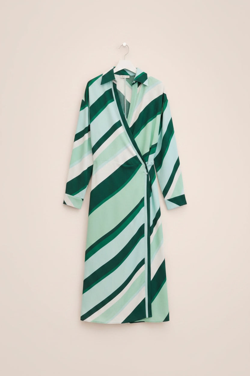 Emerald Stripe: Kruvaze Yaka Çizgili Midi Elbise