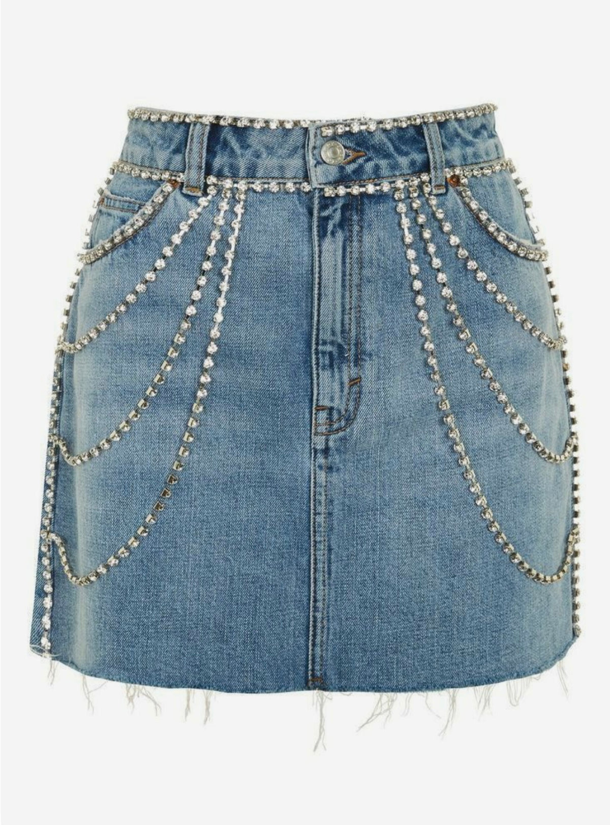Tasarım Mücevher Şerit Detaylı Mini Denim/Kot Etek