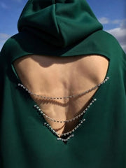 Emerald Queen: Taş Şeritli & Sırt Dekolteli Hoodie Elbise (Zümrüt Yeşili)