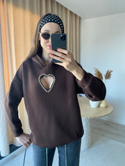 Kalp Şeklinde Kristal Taşlı Göğüs Dekolteli Kahverengi Hoodie / Kapüşonlu Üst