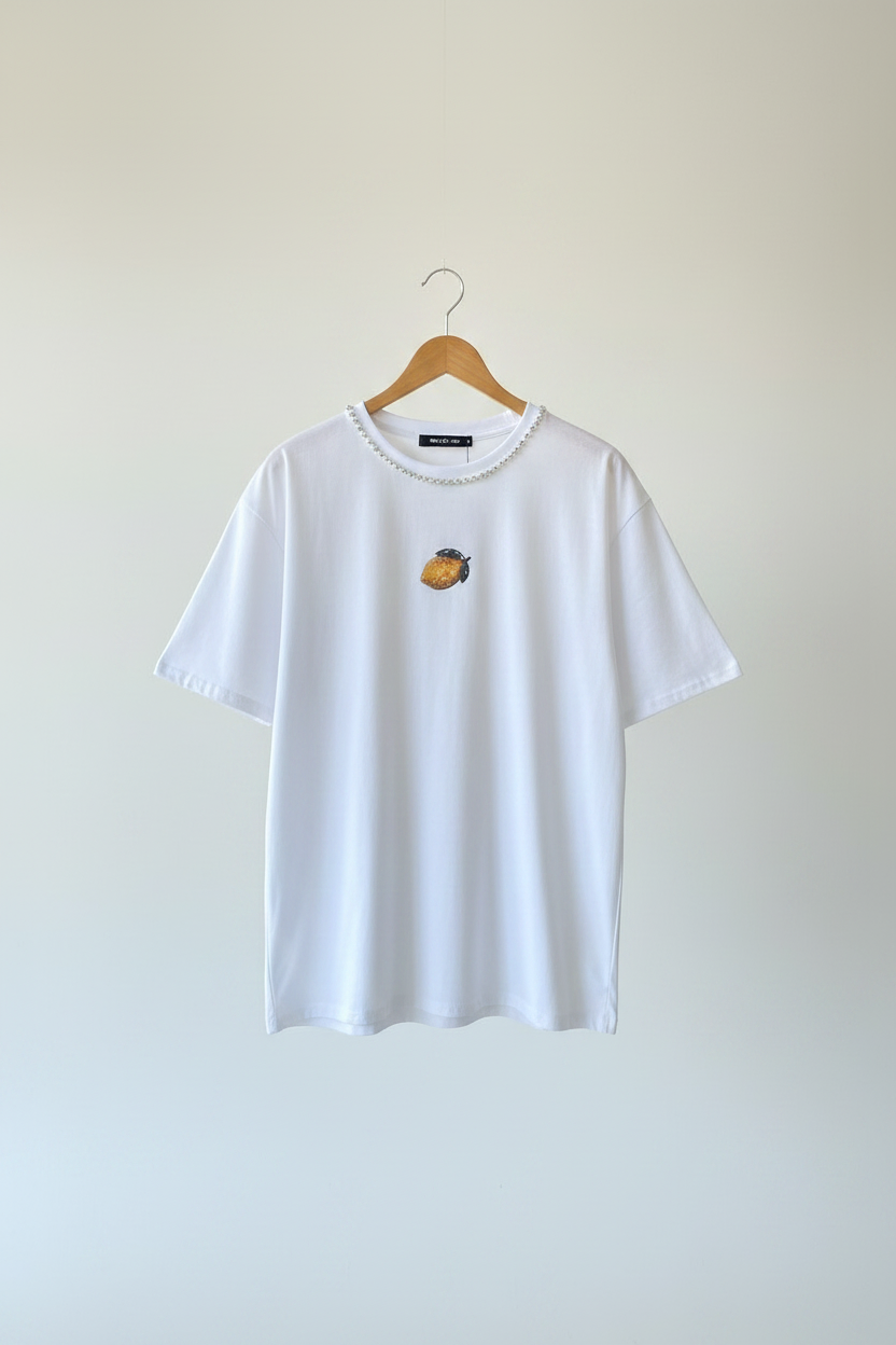 Boncuk Limon Baskılı & Kristal Yakalı Beyaz T-Shirt