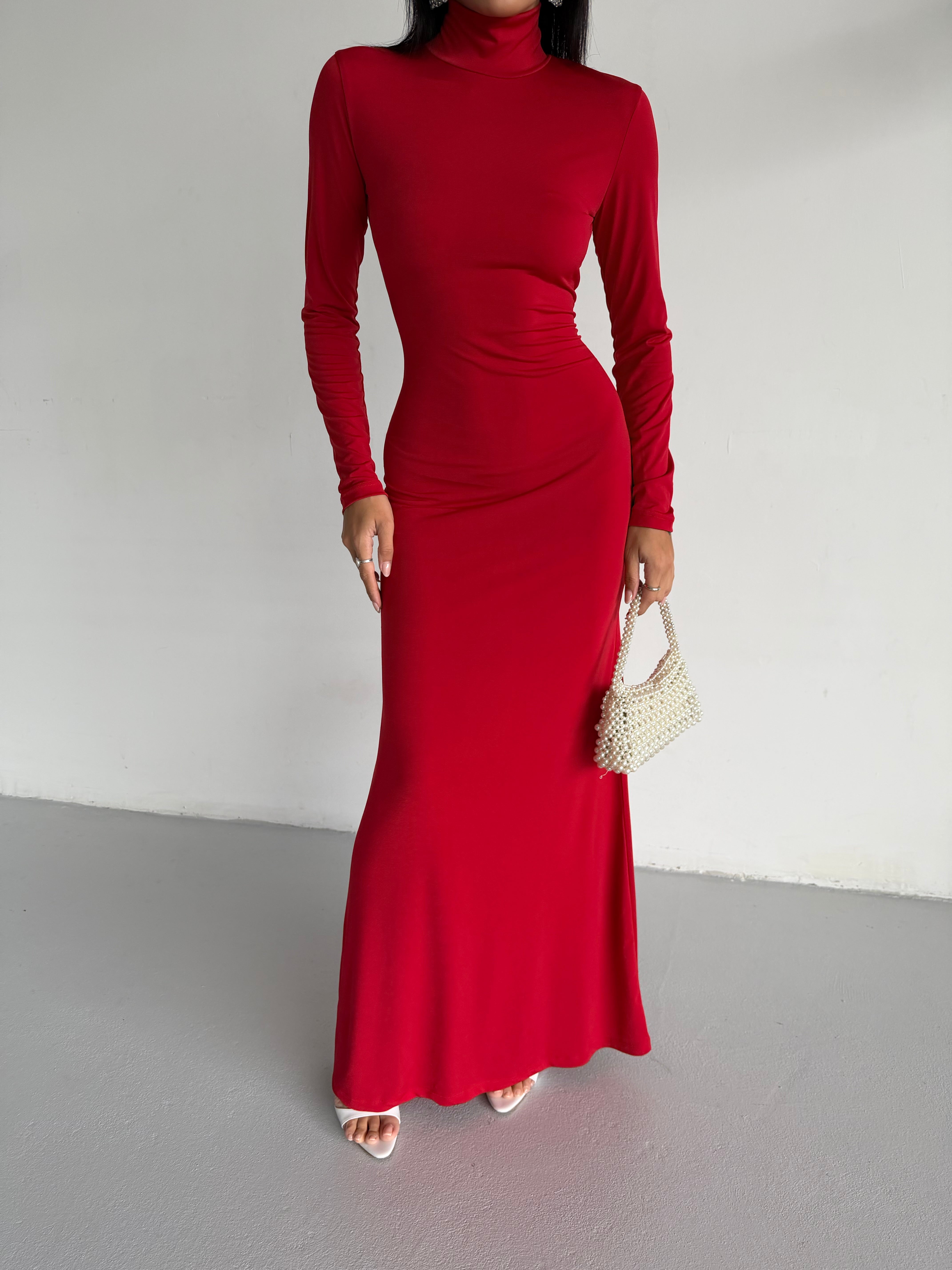 DIANA MAXI BALIKÇI YAKA ELBİSE - KIRMIZI