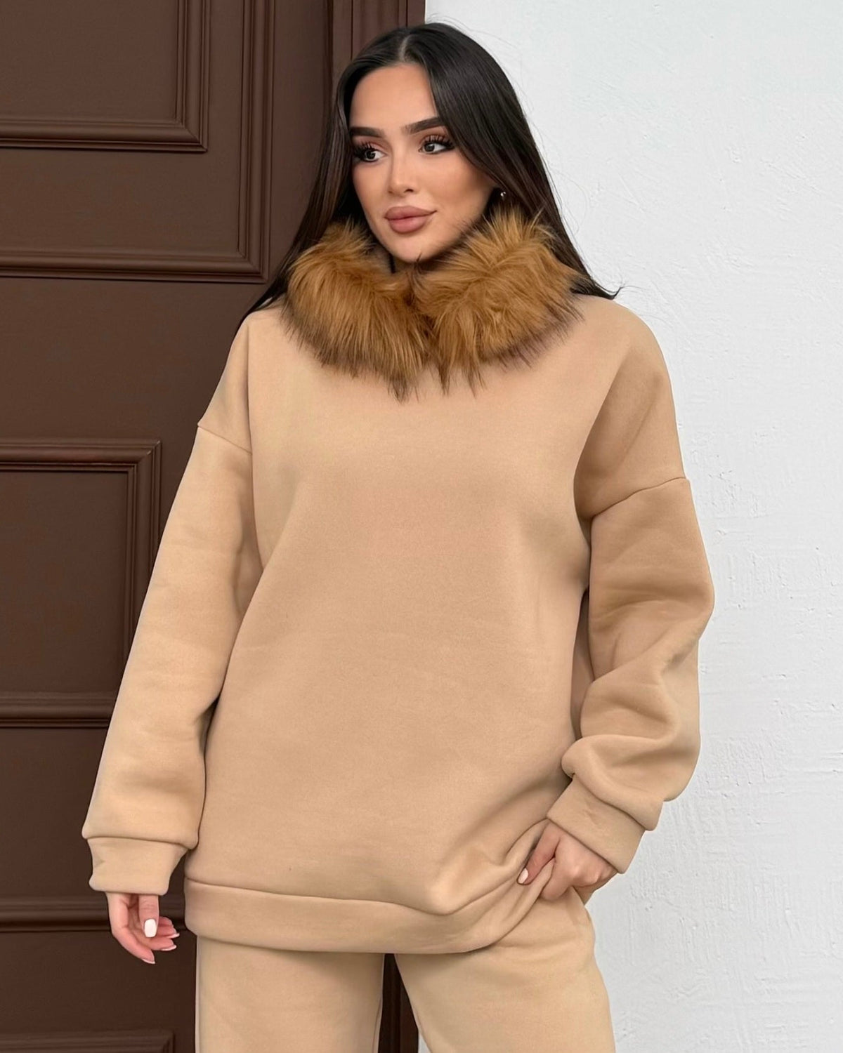 Kürklü Sweat  - Bej