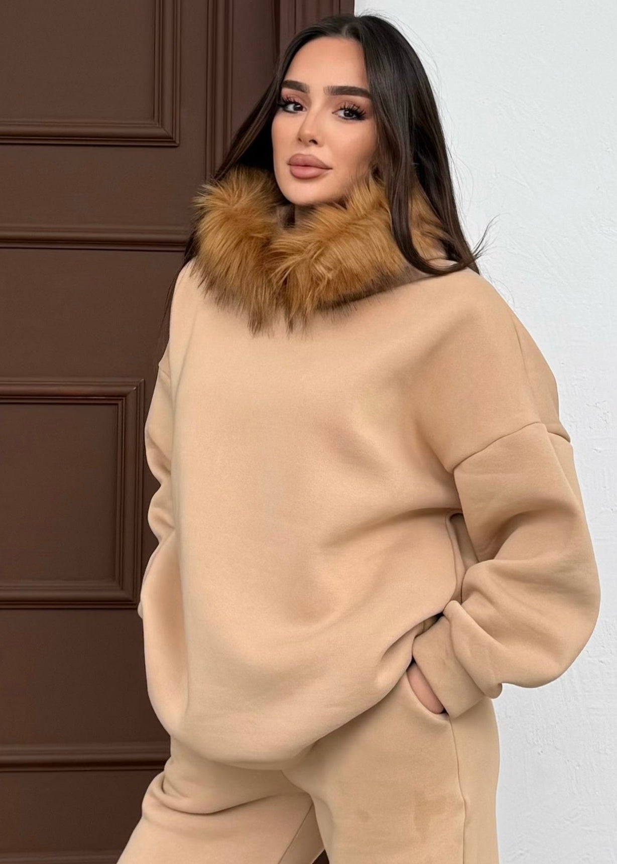 Kürklü Sweat  - Bej