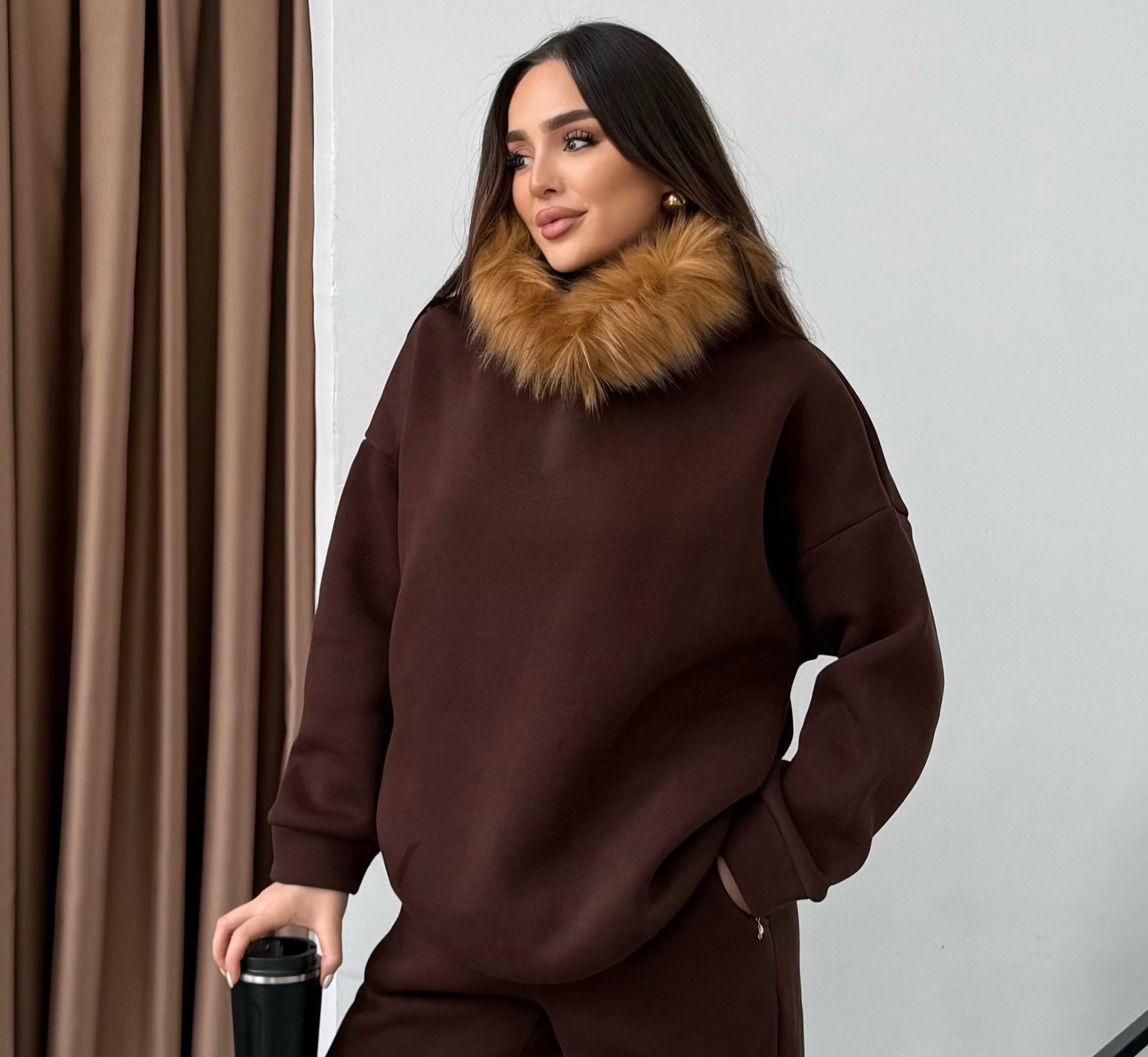 Kürklü Sweat  - Kahverengi