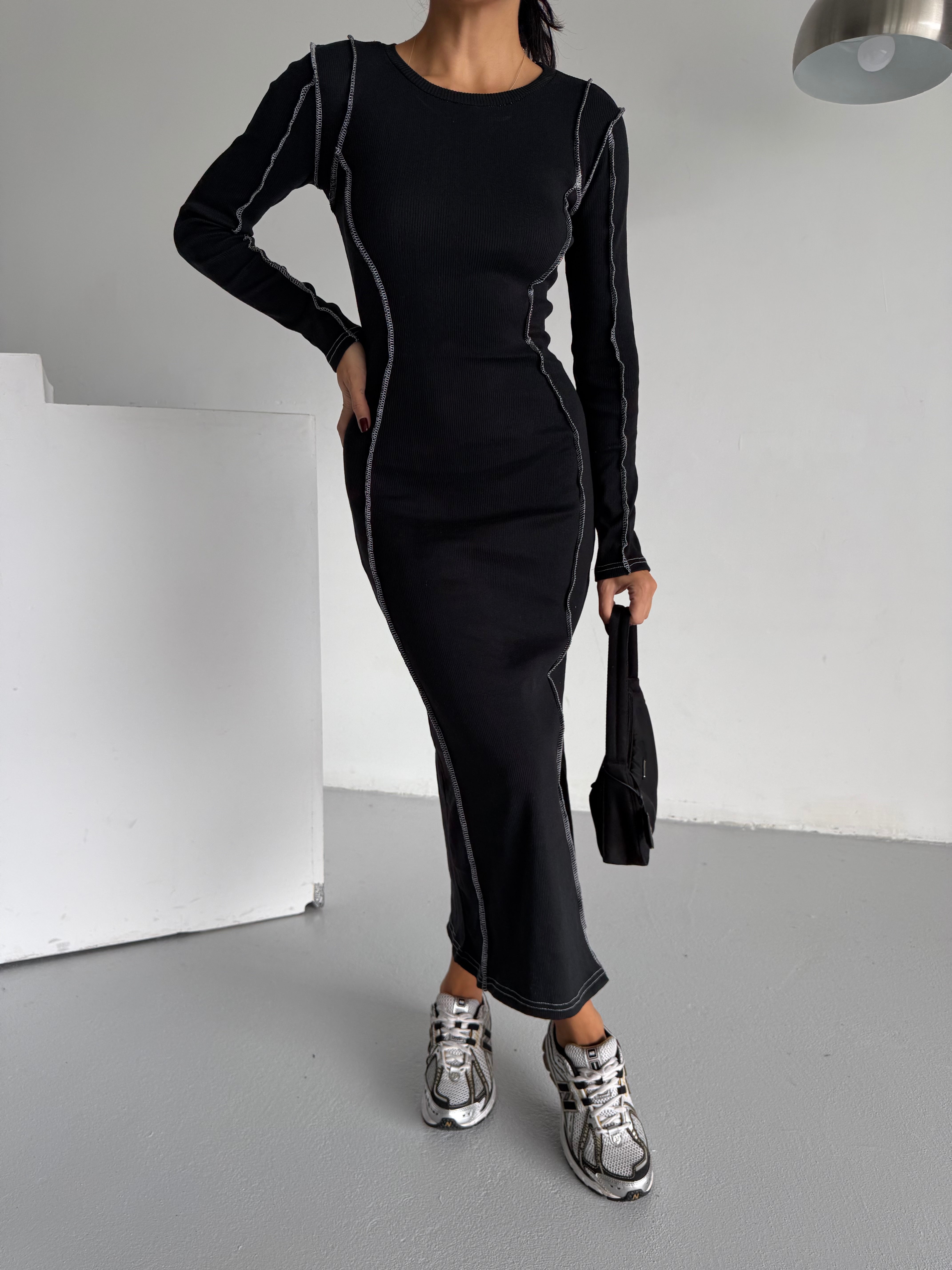 MİLA KONTRAST KARYOKA DİKİŞLİ MİDİ ELBİSE - SİYAH