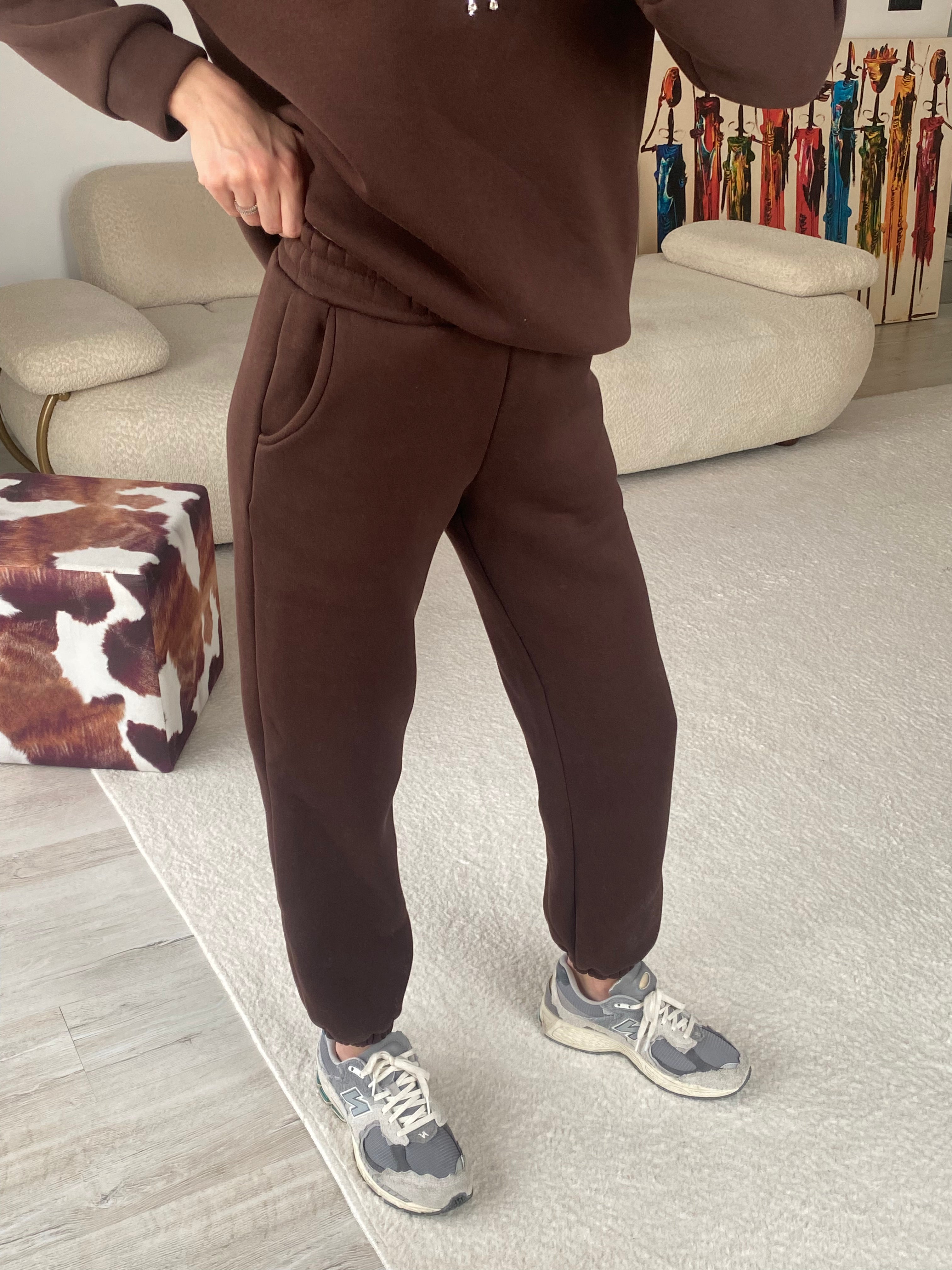 3 İplik Şardonlu Cepli Eşofman Altı - Kahverengi