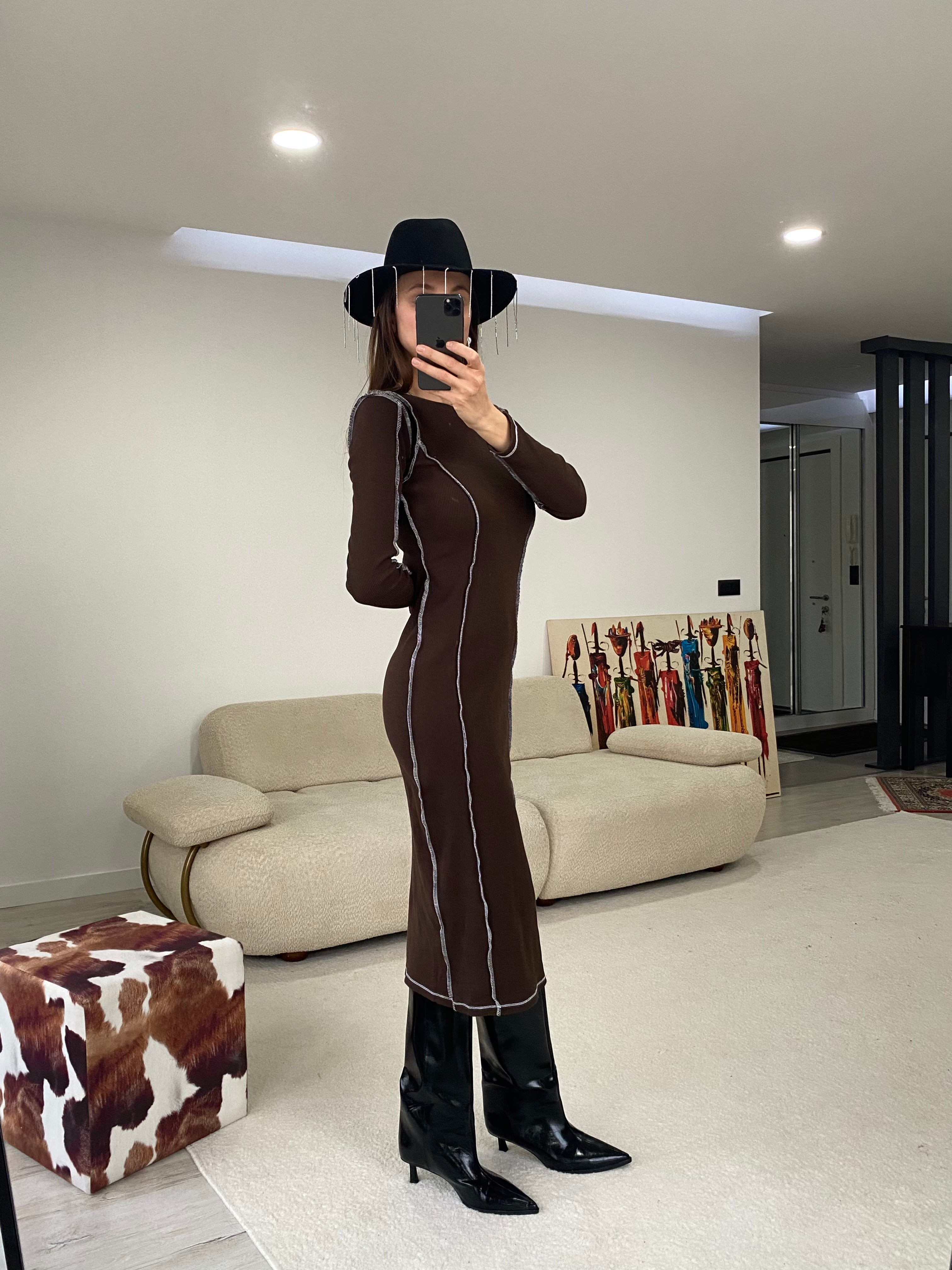 Mila Kontrast Karyoka Dikişli Midi Elbise - Kahverengi