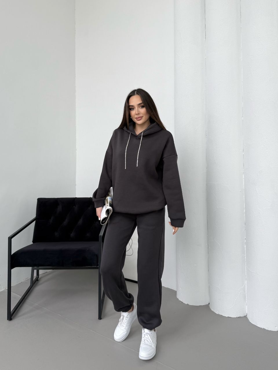 Kristal Kordon Detaylı Oversize Eşofman Takımı - Antrasit Gri