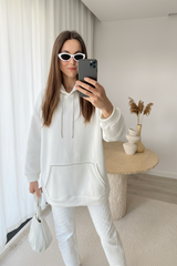 Kristal Şeritli Tasarım Ekru Oversize Hoodie Elbise