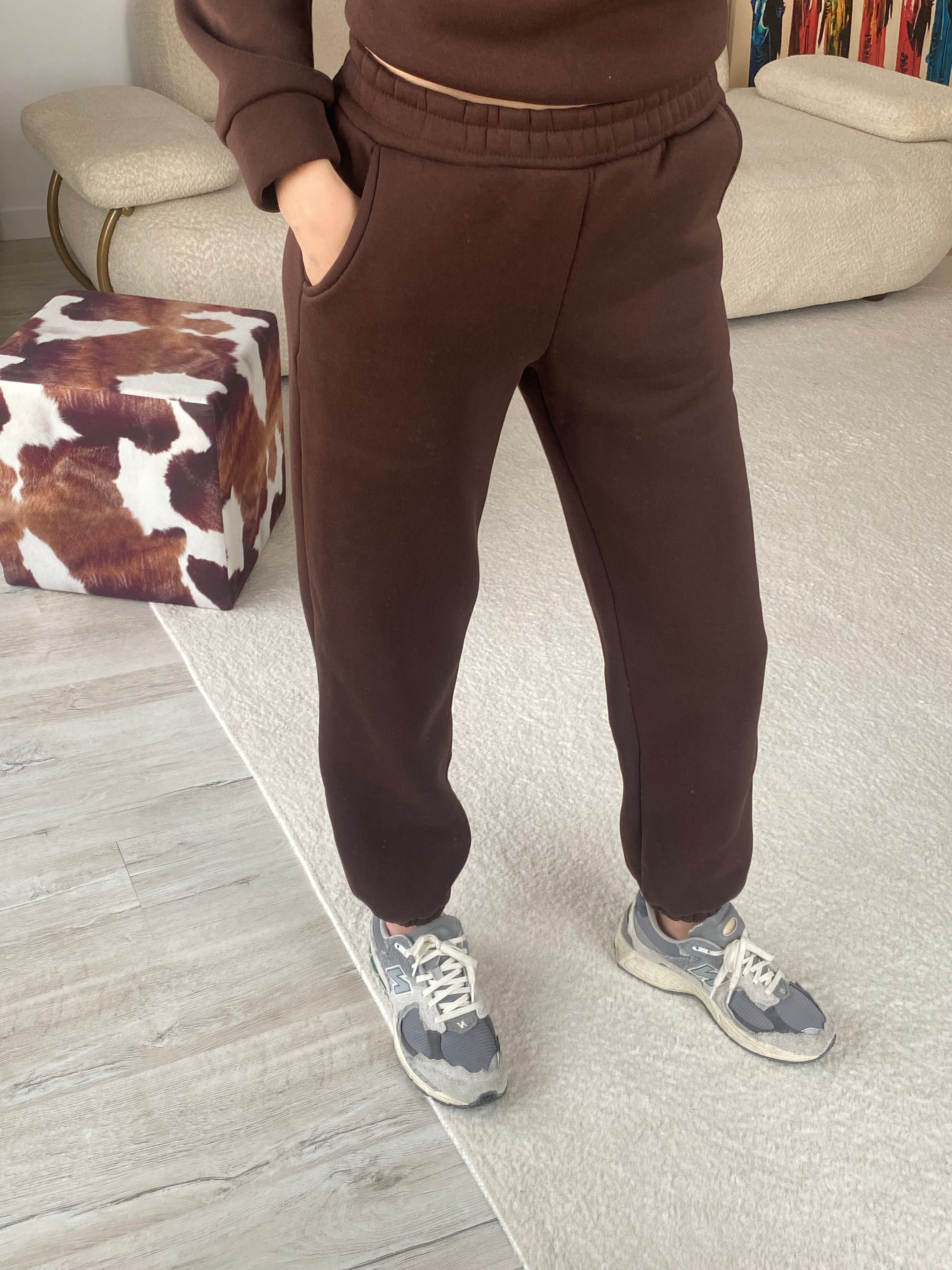 3 İplik Şardonlu Cepli Eşofman Altı - Kahverengi