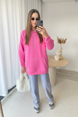 Kristal Şeritli Tasarım Şeker Pembe Oversize Kapüşonlu Üst