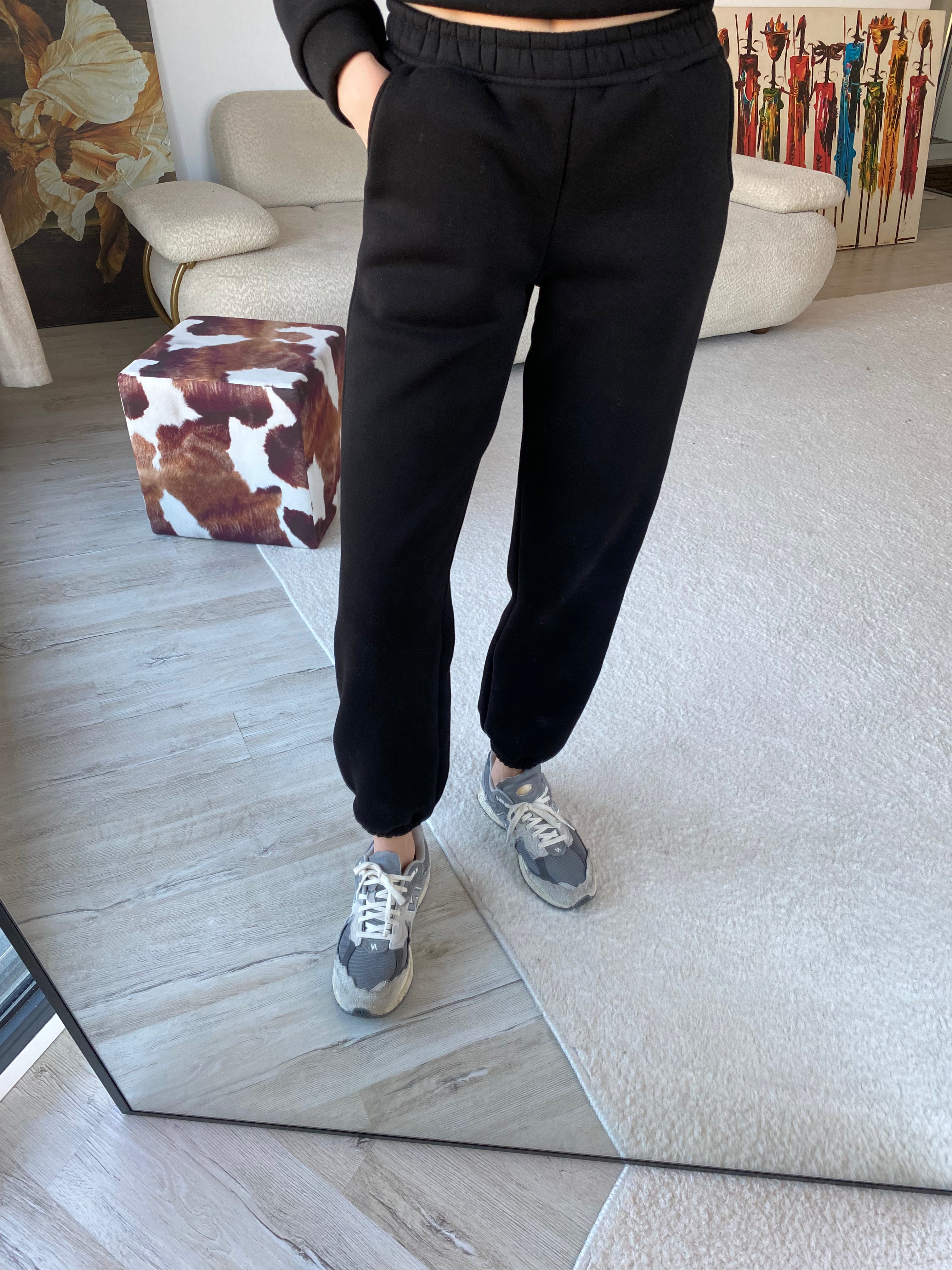 3 İplik Şardonlu Cepli Eşofman Altı - Siyah