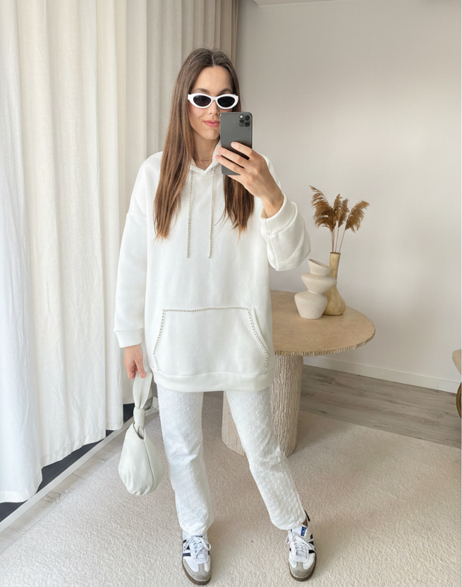 Kristal Şeritli Tasarım Ekru Oversize Hoodie Elbise