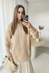 Kristal Şeritli Tasarım Bej Oversize Kapüşonlu Üst