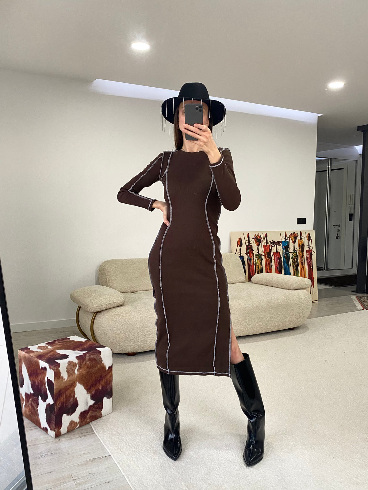 Mila Kontrast Karyoka Dikişli Midi Elbise - Kahverengi