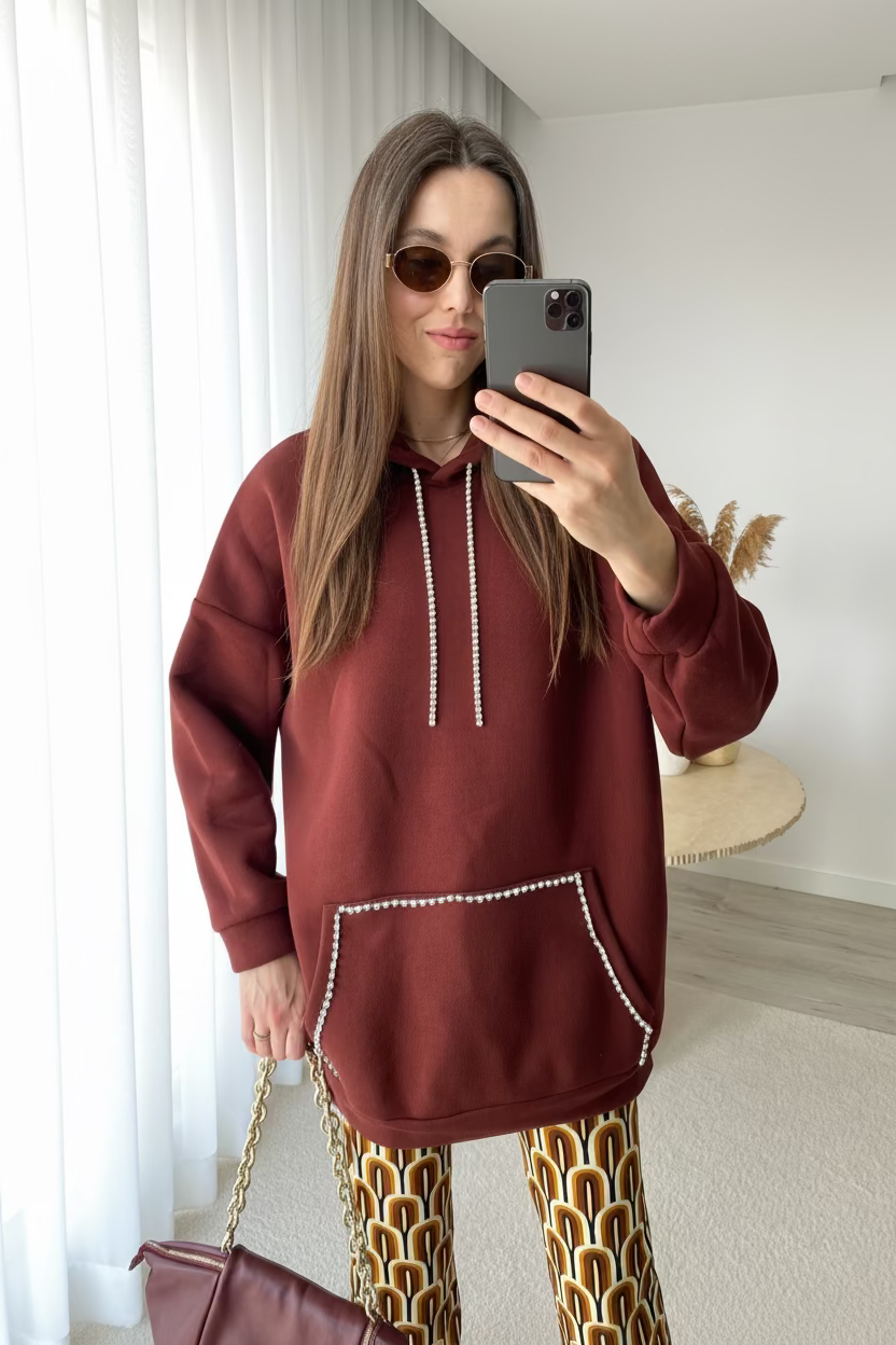 Kristal Şeritli Tasarım Bordo Oversize Kapüşonlu Üst