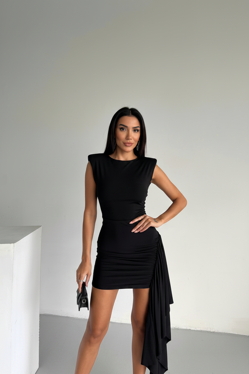 Vatkalı İpek Dokulu Kolsuz Mini Elbise / Siyah