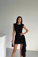 Vatkalı İpek Dokulu Kolsuz Mini Elbise / Siyah
