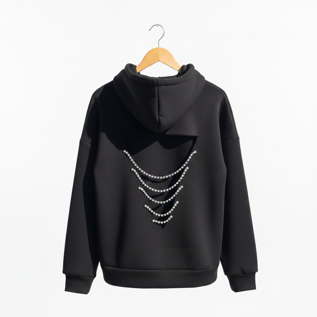 Midnight Jewel: Sırtı Üç Sıra Kristal Dekolteli Oversize Siyah Hoodie