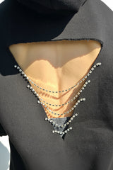 Midnight Jewel: Sırtı Üç Sıra Kristal Dekolteli Oversize Siyah Hoodie