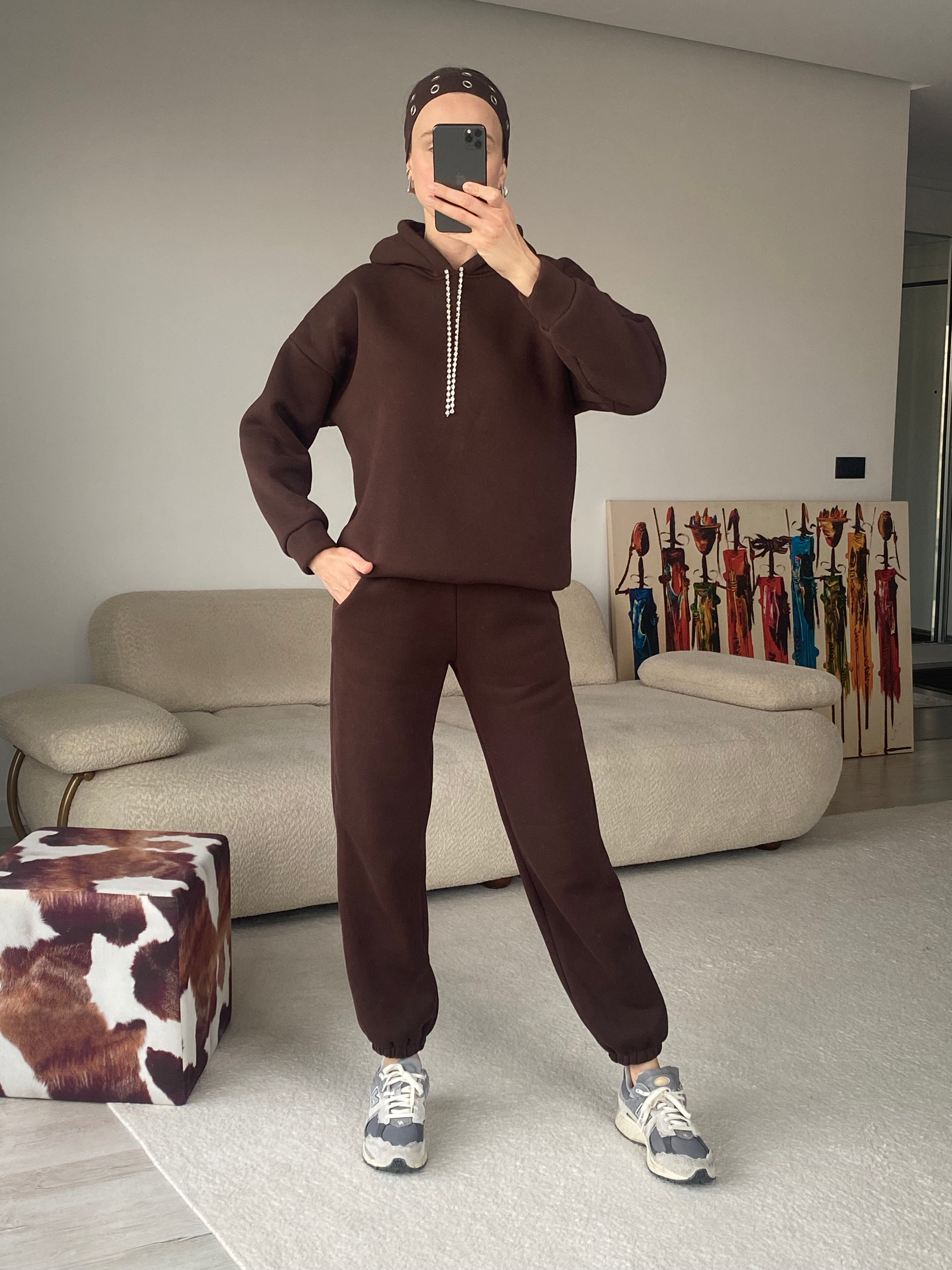 Layla Mücevher İpli Eşofman Takımı - Kahverengi