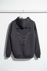 Midnight Jewel: Sırtı Üç Sıra Kristal Dekolteli Oversize Antrasit Hoodie