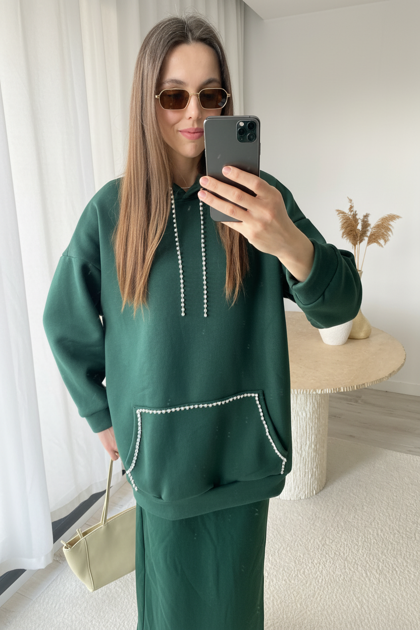 Kristal Şeritli Tasarım Zümrüt Yeşili Oversize Kapüşonlu Üst