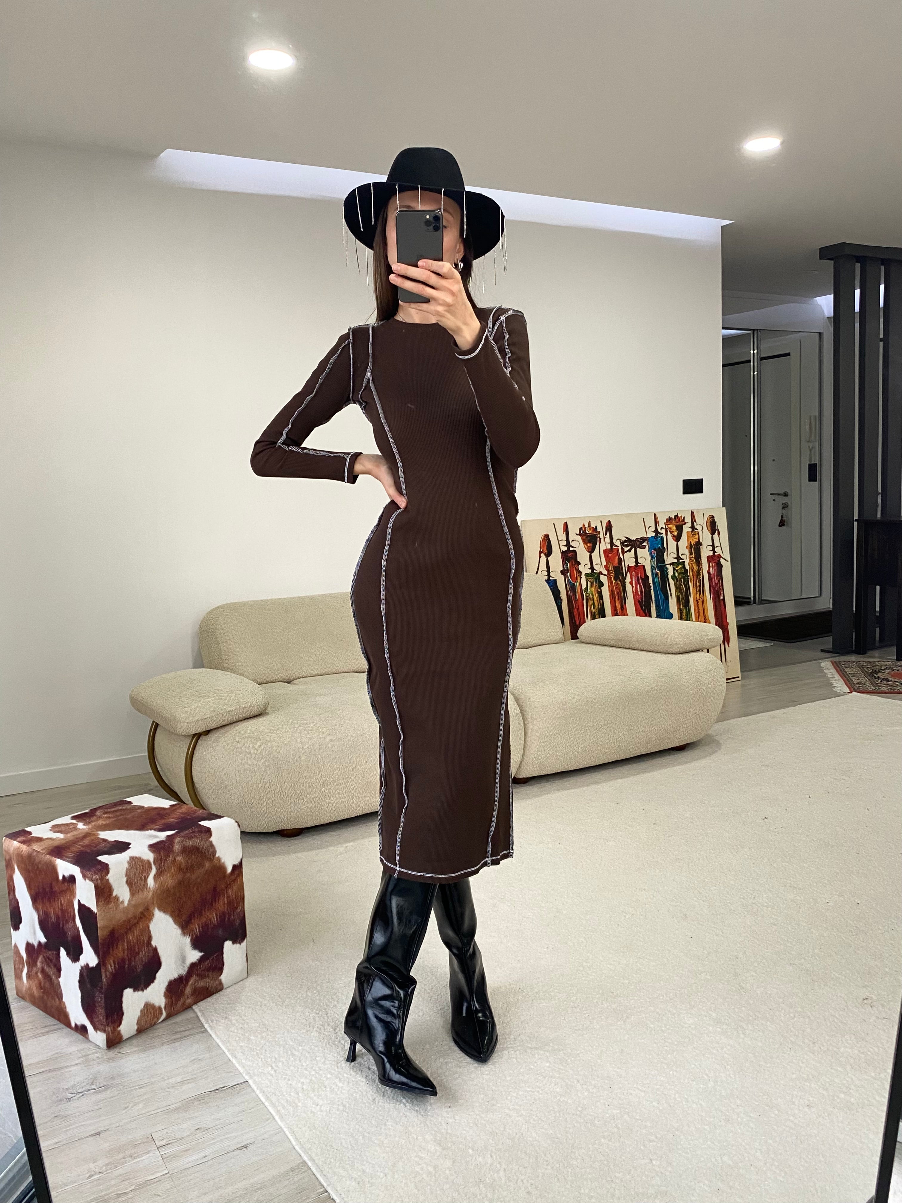 Mila Kontrast Karyoka Dikişli Midi Elbise - Kahverengi