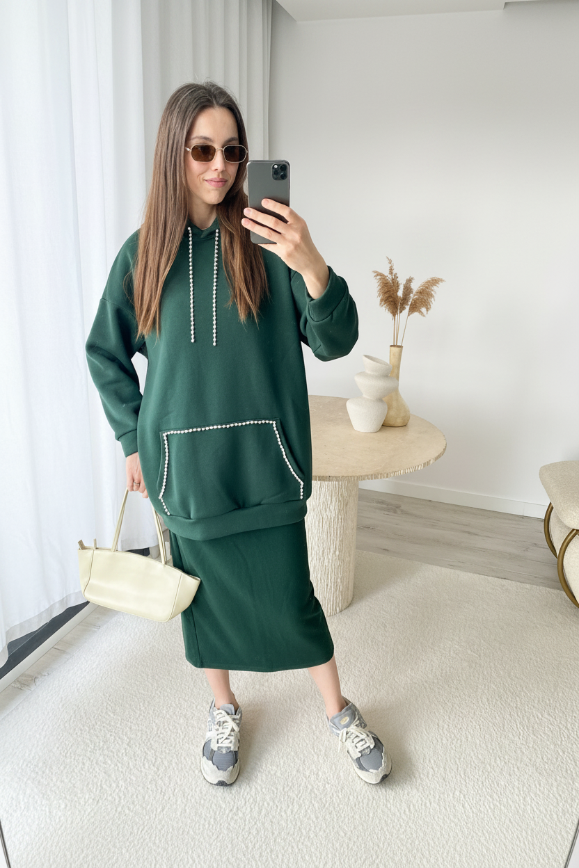 Kristal Şeritli Tasarım Zümrüt Yeşili Oversize Kapüşonlu Üst