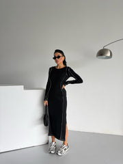 MİLA KONTRAST KARYOKA DİKİŞLİ MİDİ ELBİSE - SİYAH
