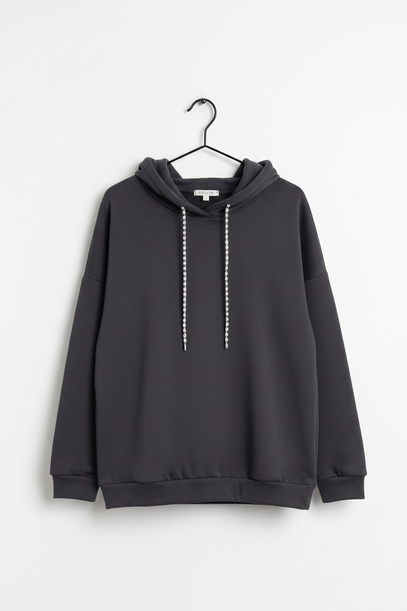 Midnight Jewel: Sırtı Üç Sıra Kristal Dekolteli Oversize Antrasit Hoodie