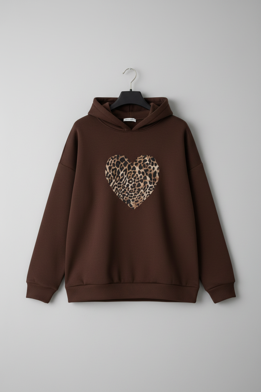 Leopar Kalp Baskılı Kahverengi Hoodie / Kapüşonlu Üst