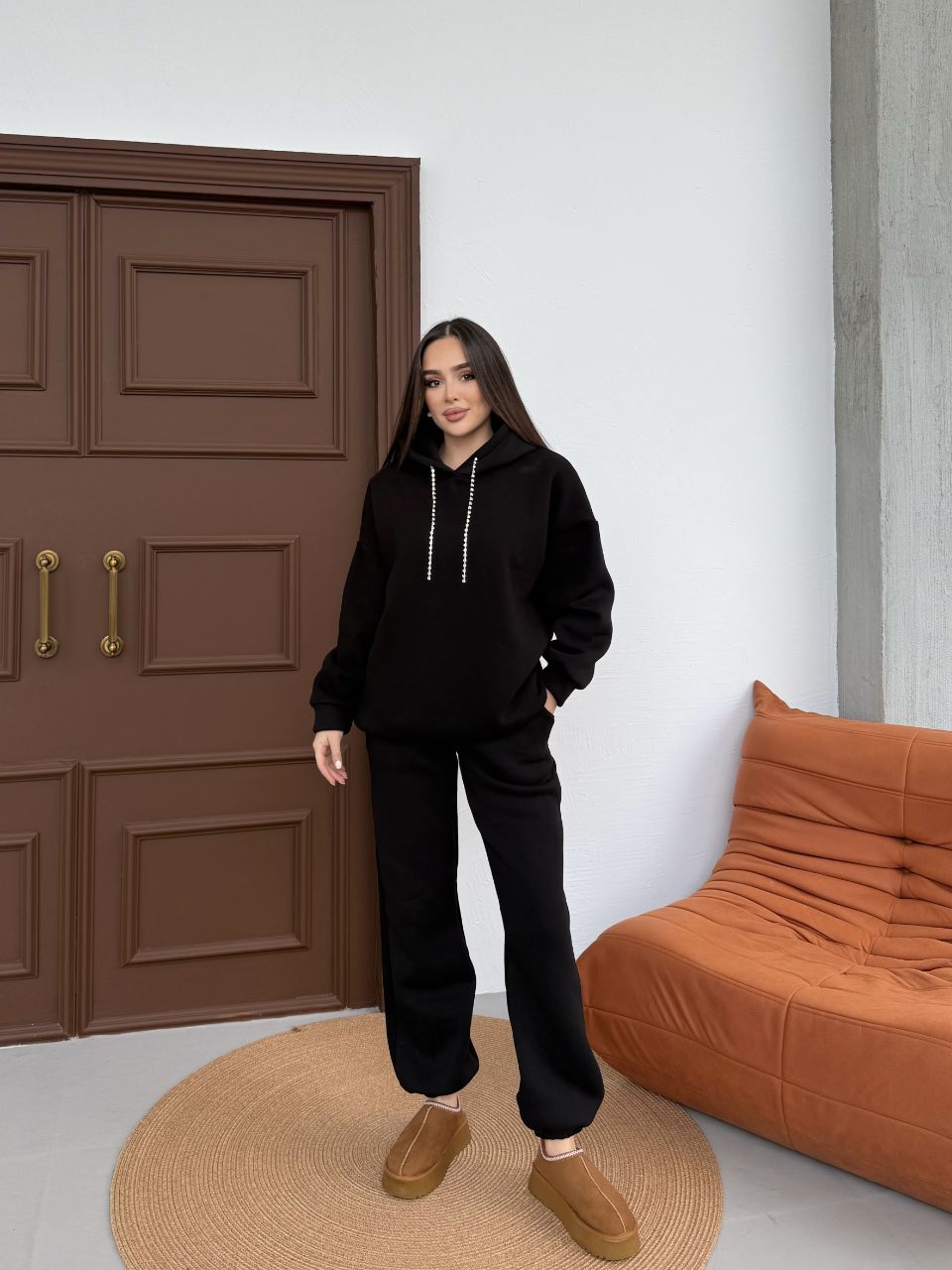 Kristal Kordon Detaylı Oversize Eşofman Takımı - Siyah