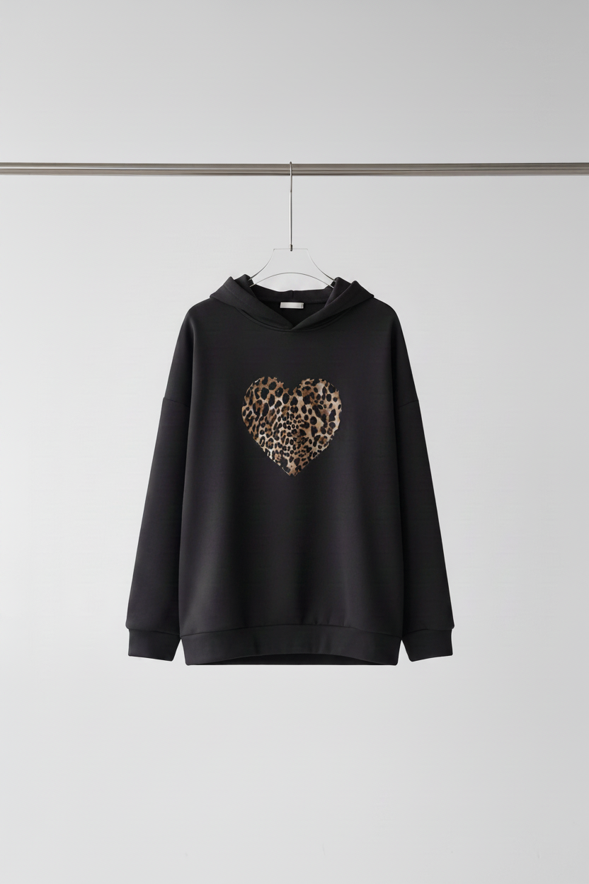Leopar Kalp Baskılı Antrasit Hoodie / Kapüşonlu Üst