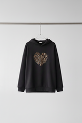 Leopar Kalp Baskılı Antrasit Hoodie / Kapüşonlu Üst