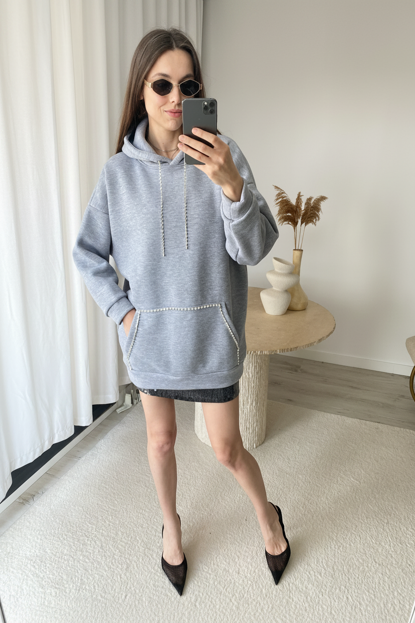 Kristal Şeritli Tasarım Gri Oversize Kapüşonlu Üst